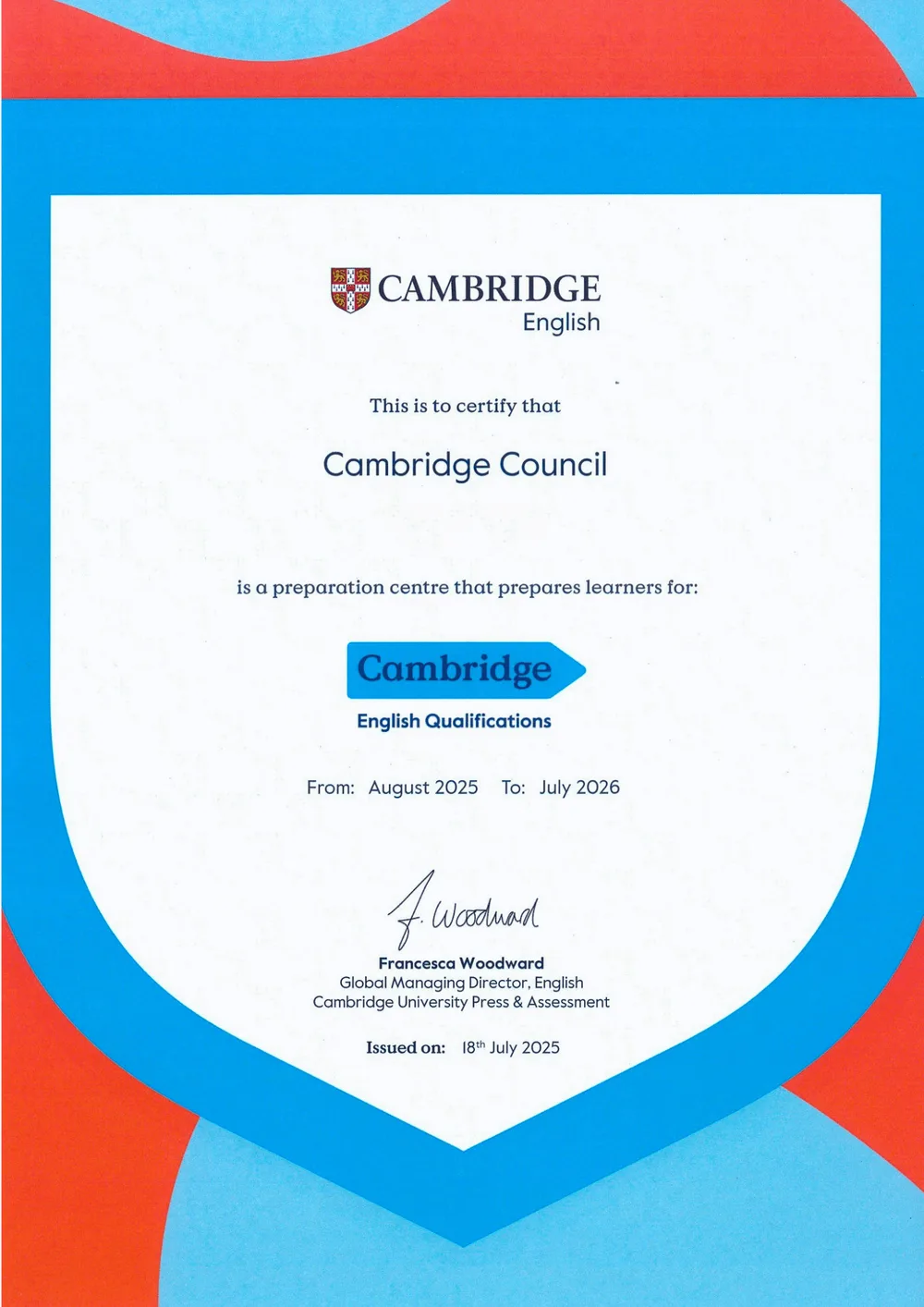 Cambridge English certificate — Cambridge Council preparation centre